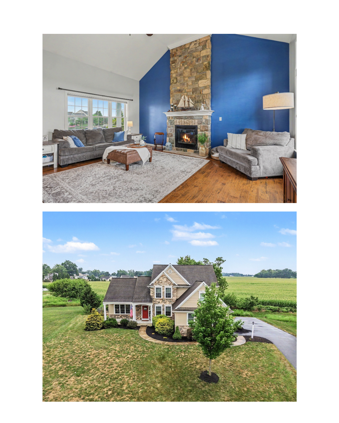 Living room with stone fireplace and cathedral ceiling